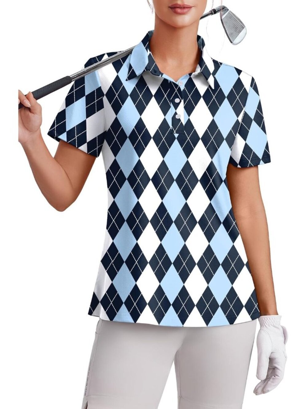 Womens Black Blue Plaid 4 Button Golf Polo UPF50+ Quick Dry Tennis Collared Rela